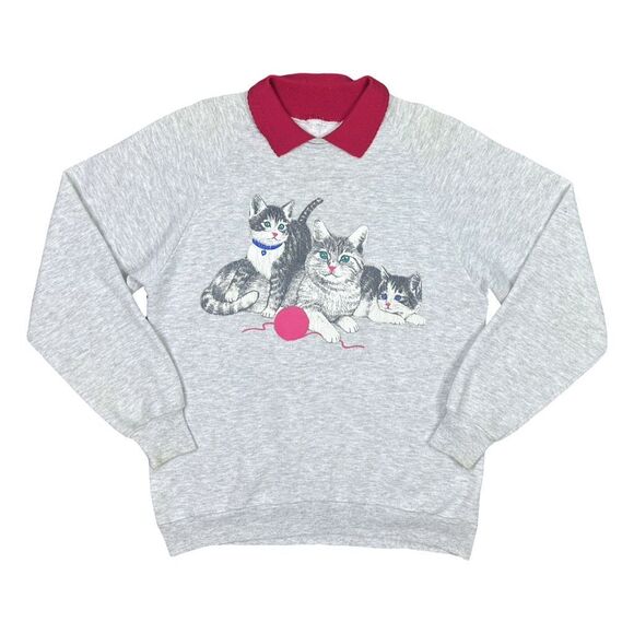 Gopher Sport Tops - Vintage Gopher Sport Playful Kitten Grandmacore Crew Neck Collared Sweatshirt